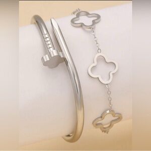 Silver Plated Stainless Steel Nail & Clover 2pc Bracelet Set